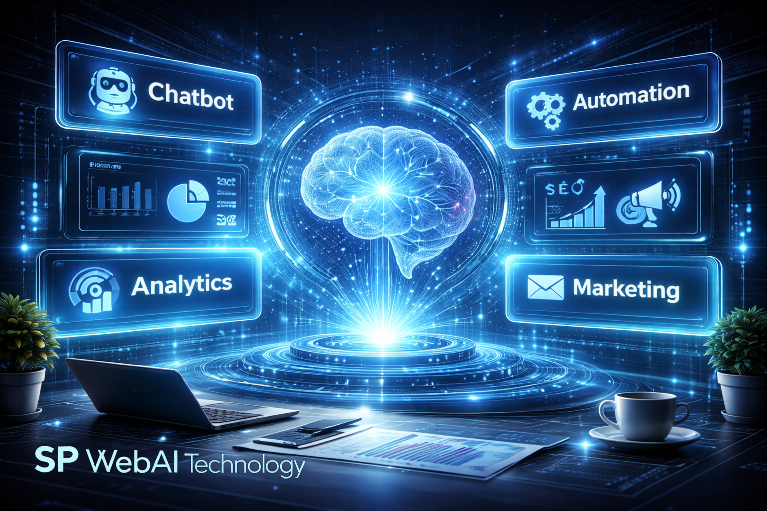 AI tools dashboard with automation, analytics, and chatbot features for business growth