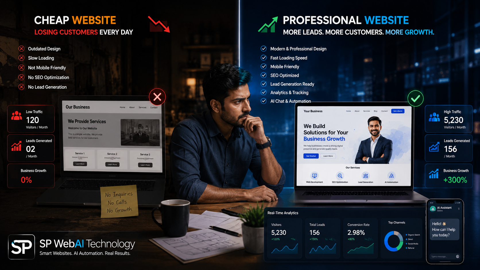 Comparison between cheap business website and professional website generating more customers